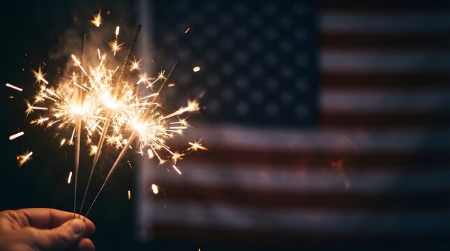 A hand holding a burning sparkler with the american flag blurred in the background during a night celebration