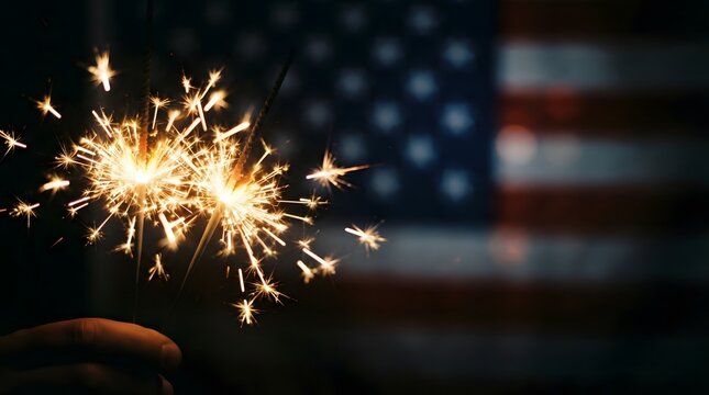 Bright glowing sparklers held in front of a blurred american flag for independence day celebration
