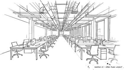 Fototapeta premium Perspective architectural sketch of contemporary corporate open plan office interior workspace layout with desks and computers