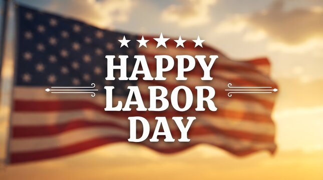 Happy labor day greeting card with a waving american flag against a beautiful golden sunset background