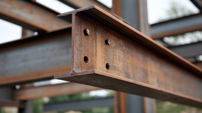 Rusty I-beam structural steel construction framework for building industry and heavy industry projects