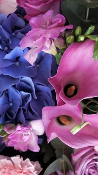 Elegant floral composition slowly moving, showcasing a mix of beautiful flowers like pink calla lilies, blue hydrangeas, roses, and freesias, creating a romantic and celebratory atmosphere