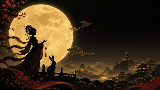 Silhouette of Chang'e and the Jade Rabbit against an enormous harvest moon for Mid-Autumn Festival
