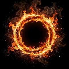 Fototapeta premium Fiery Circle on Black Background with Flames and Smoke in Dynamic Composition