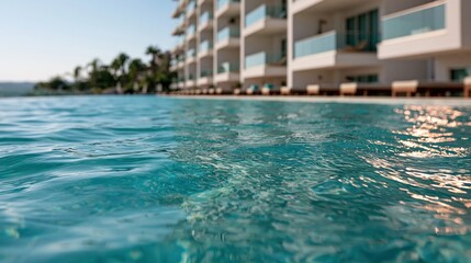 Fototapeta premium Close-up underwater view of a refreshing turquoise swimming pool with a modern resort hotel in the background.