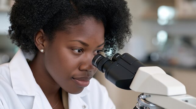 African American female scientist intently examining sample under laboratory microscope for research and discovery