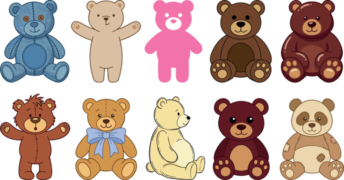 Adorable plush stuffed bear toy set in different styles colors and poses vector illustration