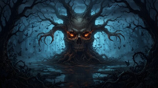 Eerie skullshaped tree in a dark haunted forest