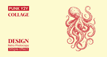 Vintage octopus illustration with stipple effect, red ink drawing on a light yellow background, retro punk y2k style graphic design element © MDMahmudul