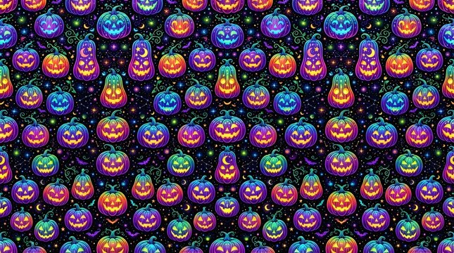 Seamless halloween pattern with glowing pumpkins