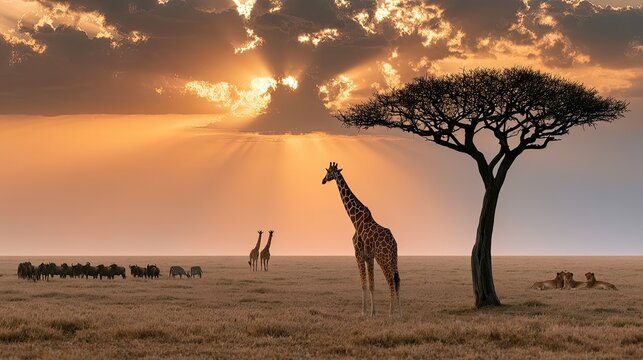 African savanna sunset landscape, foreground giraffe, lone acacia tree, wildebeest zebra herd and lion, Masai Mara wildlife migration nature photography