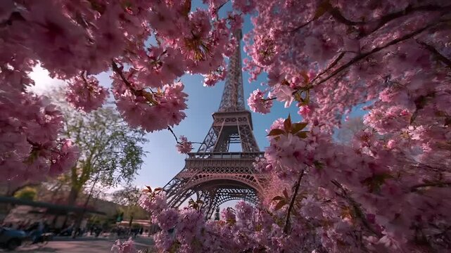 Paris, France, Europe. A vivid portrayal of the Eiffel Tower in Paris, France, bathed in the soft light of the rising sun. The iconic structure stands majestically against a clear blue sky.