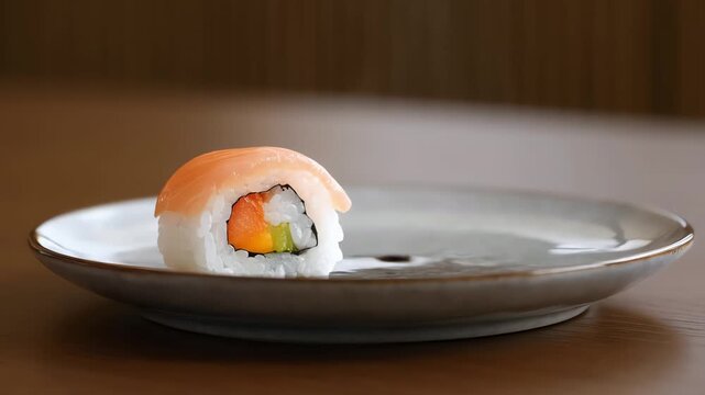 Wooden chopsticks picking up fresh salmon sushi maki roll on a ceramic plate