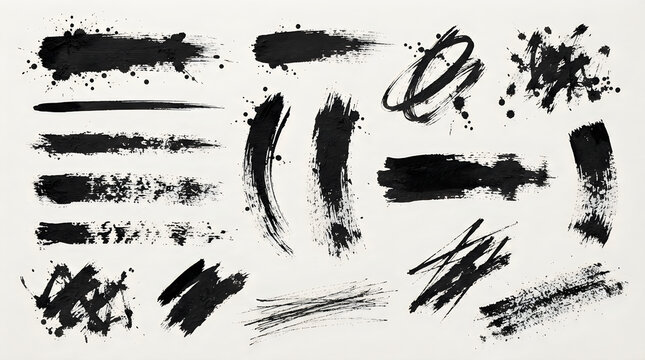 Set of black ink splatters and stains with brush strokes and drops on paper
