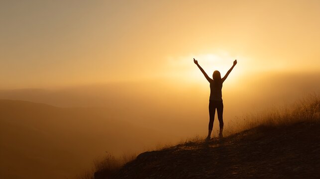 Silhouette of a woman with arms raised in triumph against a golden sunset.