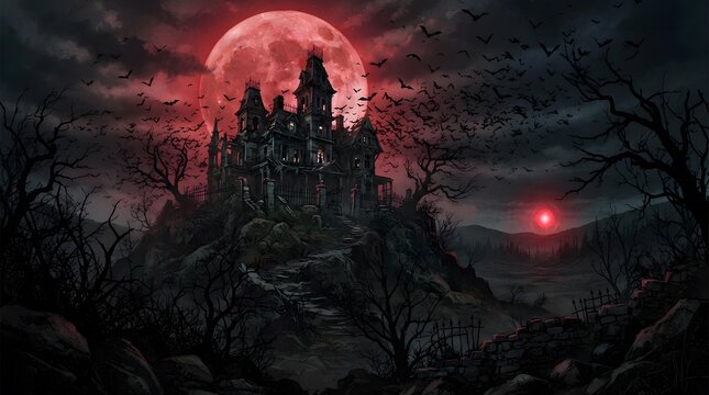 Gothic mansion under a blood red moon