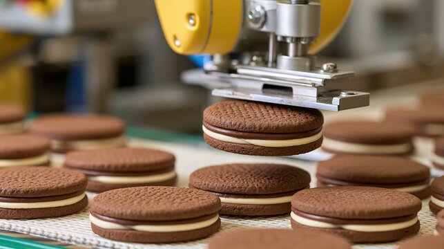 Automated cookie sandwiching machine assembling cream-filled chocolate biscuits on a production line