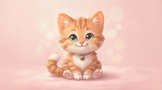 Cute orange and white kitten sitting with blue collar and tag