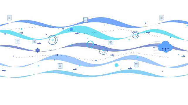 Abstract blue wave background with data flow and technology symbols for digital concept
