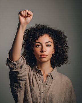Confident Young Woman Raising Her Fist in a Powerful Gesture of Solidarity and Empowerment.