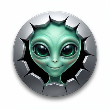3D alien face with glowing eyes on futuristic emblem. Sci-fi extraterrestrial character design for gaming or tech branding.