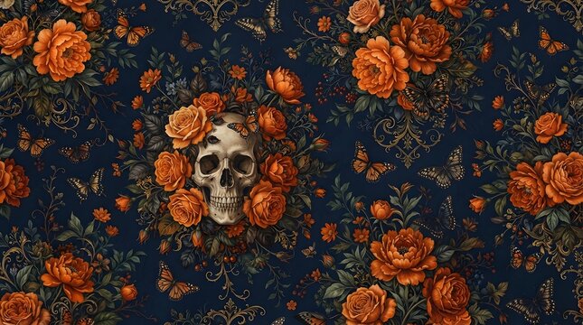 Gothic floral pattern with skulls and butterflies
