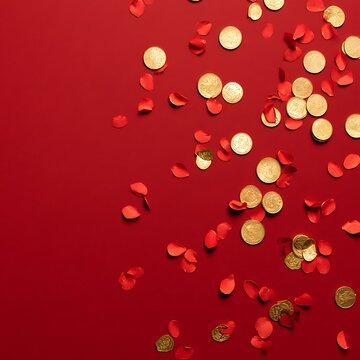 Golden Coins and Red Petals Scattered on a Vibrant Red Background.