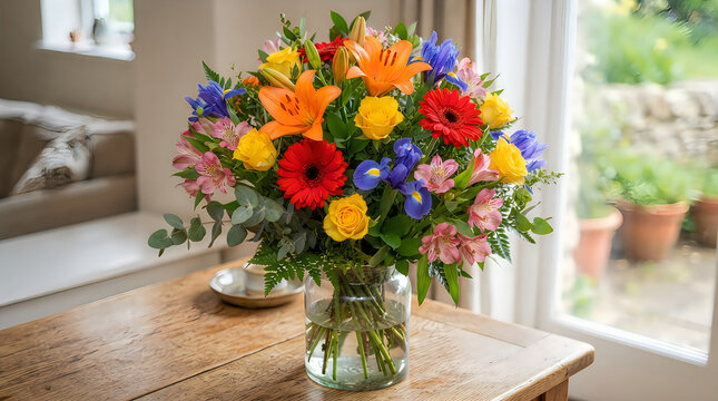 Bright mixed flowers bouquet in clear glass vase on table