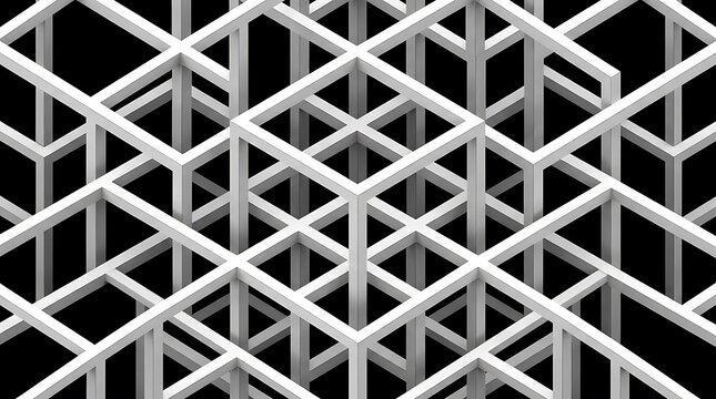 Geometric 3D cube lattice structure, white interlocking wireframe grid on black background, abstract architectural network pattern for technology