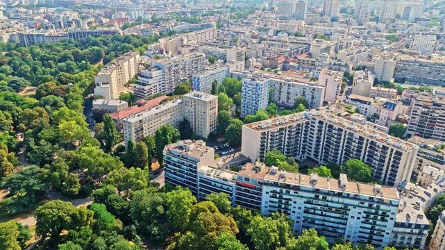 Paris is a dense capital defined by classic Haussmannian apartment blocks, zinc rooftops, tree-lined boulevards, and distinct residential neighborhoods. Notably many public parks as shown here.