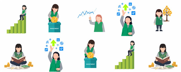 Fototapeta premium Children Financial Literacy and Investment Education Flat Illustration Set Featuring Girl Character