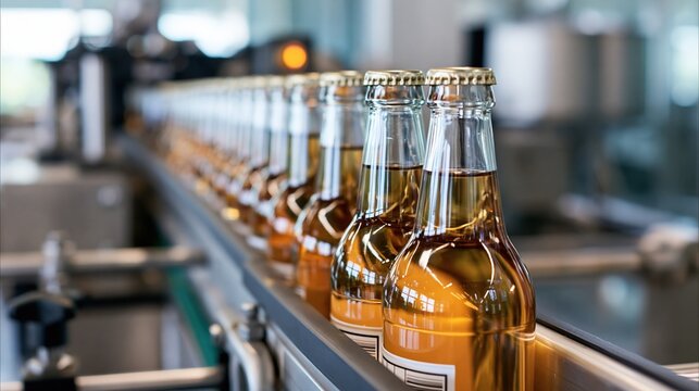 Mass production of bottled beverages on an automated conveyor belt in a modern beverage factory