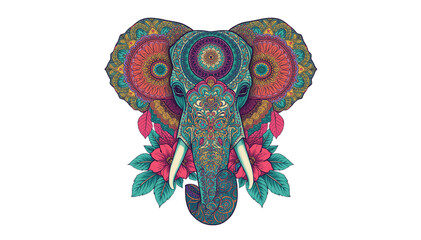 Obraz premium Majestic Elephant Head with Intricate Mandala Patterns and Vibrant Tropical Floral Ornament on White Background
