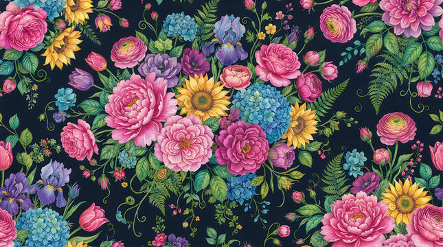 Colorful pixel art flowers with green leaves and stems in a bright garden