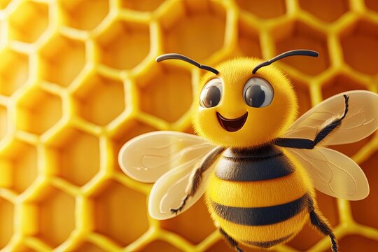 Happy bee with outstretched arm in front of a honey