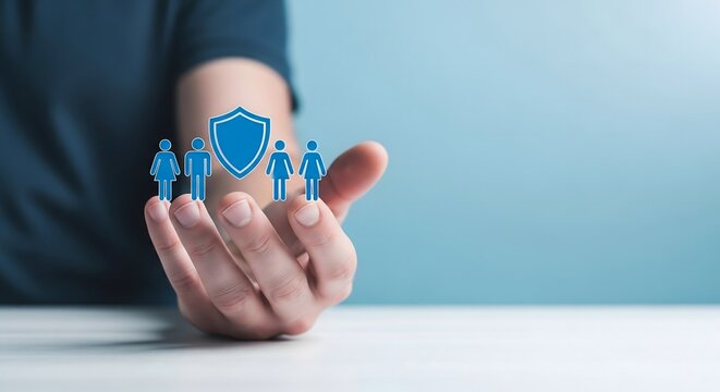 Businessman holding family insurance and protection shield icon concept image
