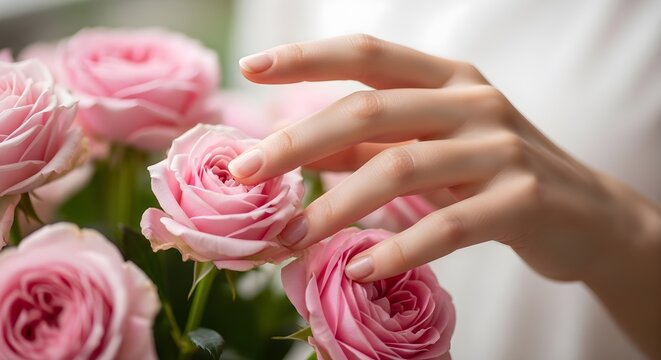 Woman touching pink roses. Female hand gently caressing fresh flower bouquet.