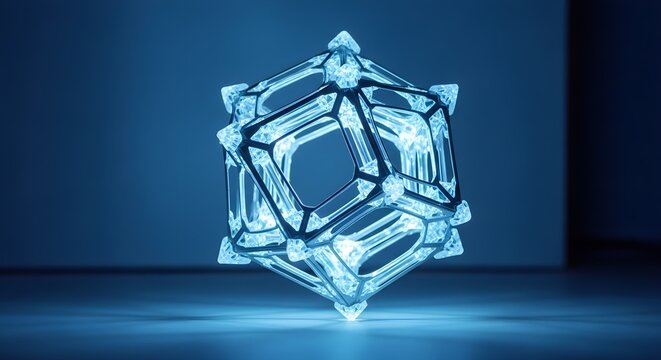 Abstract glowing crystal geometric structure. Futuristic 3D shape with blue light reflections.