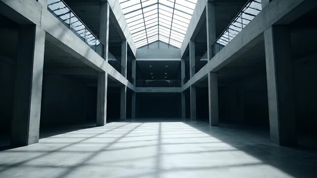 Modern concrete industrial hall interior with bright natural light from skylights