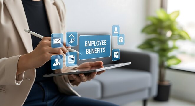 Professional businesswoman using digital tablet to manage employee benefits online