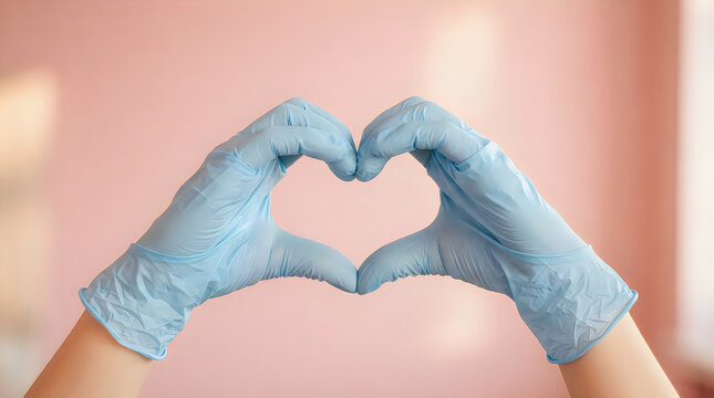 Two blue disposable gloves forming a heart shape on light background