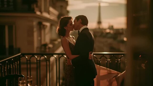 Paris, France, Europe. A romantic scene set on a balcony overlooking the Eiffel Tower in Paris, France. The couple, dressed in formal attire, share a tender moment. The setting sun casts a warm.