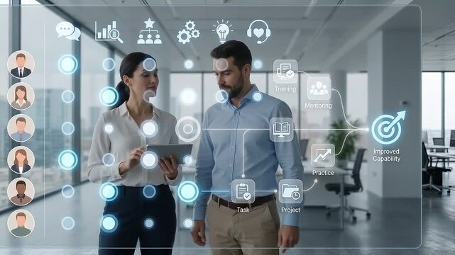 Business Colleagues Using Interactive Holographic Screen for Team Skills Mapping and Talent Development