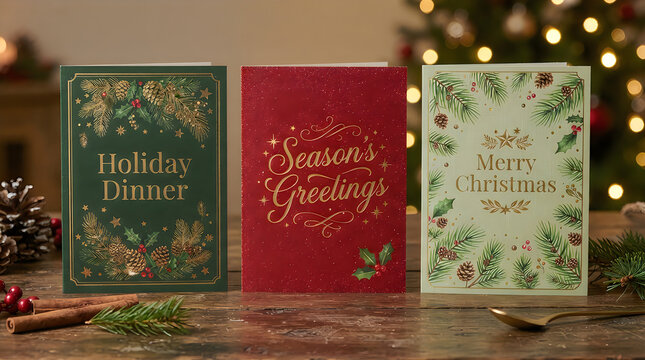 Three holiday greeting cards with festive messages and winter illustrations on wooden table
