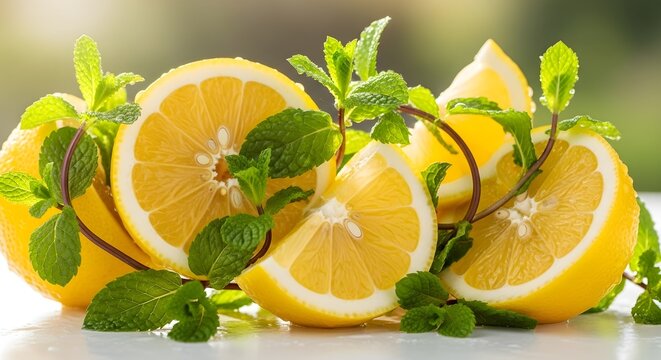 Fresh lemon slices with mint leaves. Citrus fruit wedges for healthy food and drink recipes.