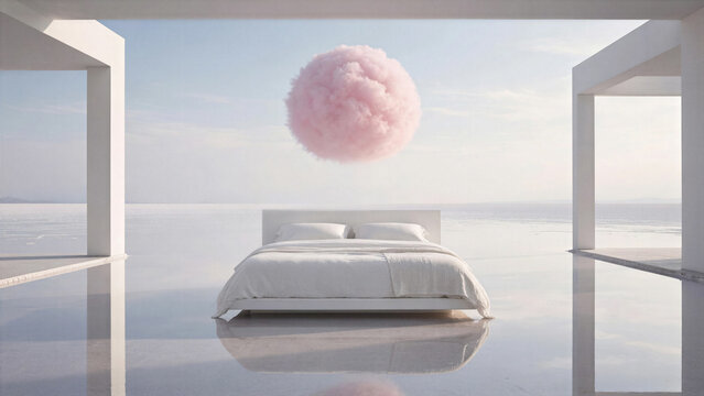 Minimalist white bed on a reflective salt flat with a single pink fluffy cloud. Surreal mental landscape concept.