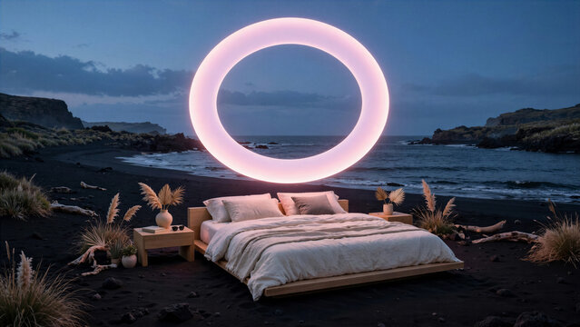 Luxury bedroom setup on a black volcanic sand beach with a giant glowing pink ring floating in the sky.
