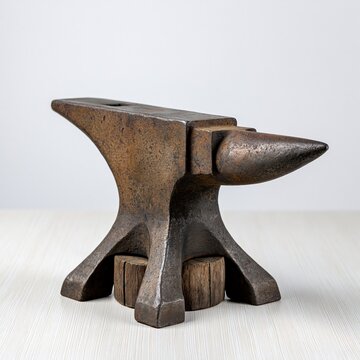 Antique heavy duty metal anvil on wooden blocks, traditional blacksmithing tool