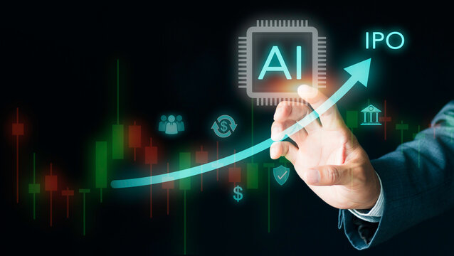 Businessman pointing at rising arrow for AI company IPO concept. Virtual stock trading market, financial investment growth, public offering, venture capital, and corporate banking.