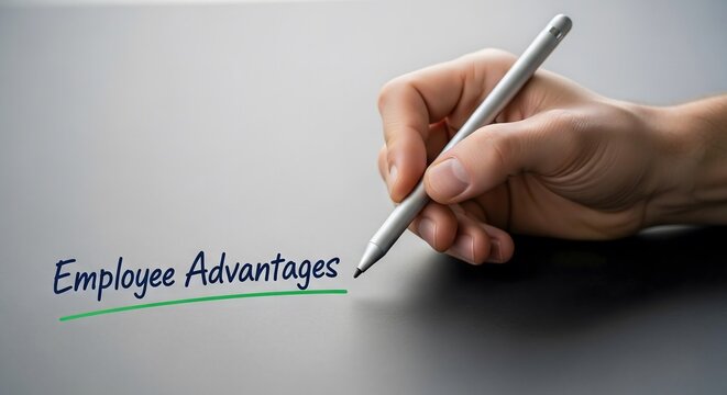 Professional hand writing employee advantages text on dark surface